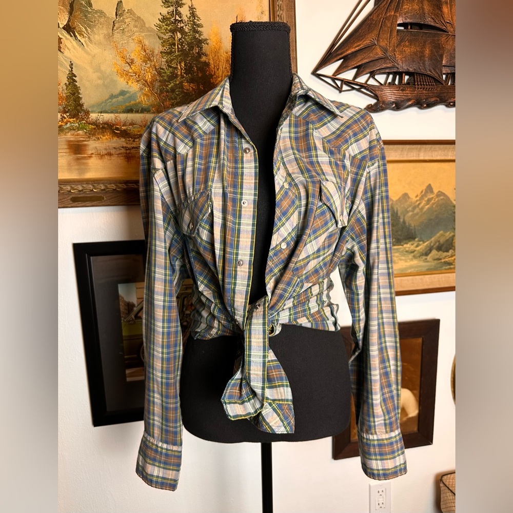 Vintage Wrangler Plaid Western Shirt Pearl Snaps Men's M Extra Long